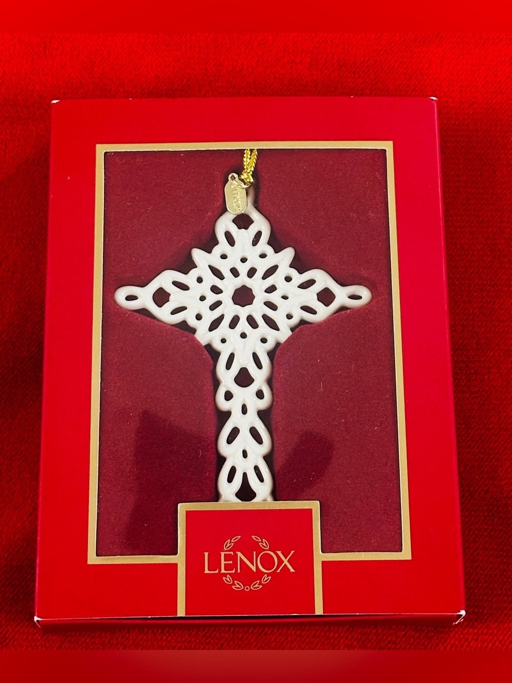 Lenox White Ceramic Filigree Cross Ornament with Gold Loop